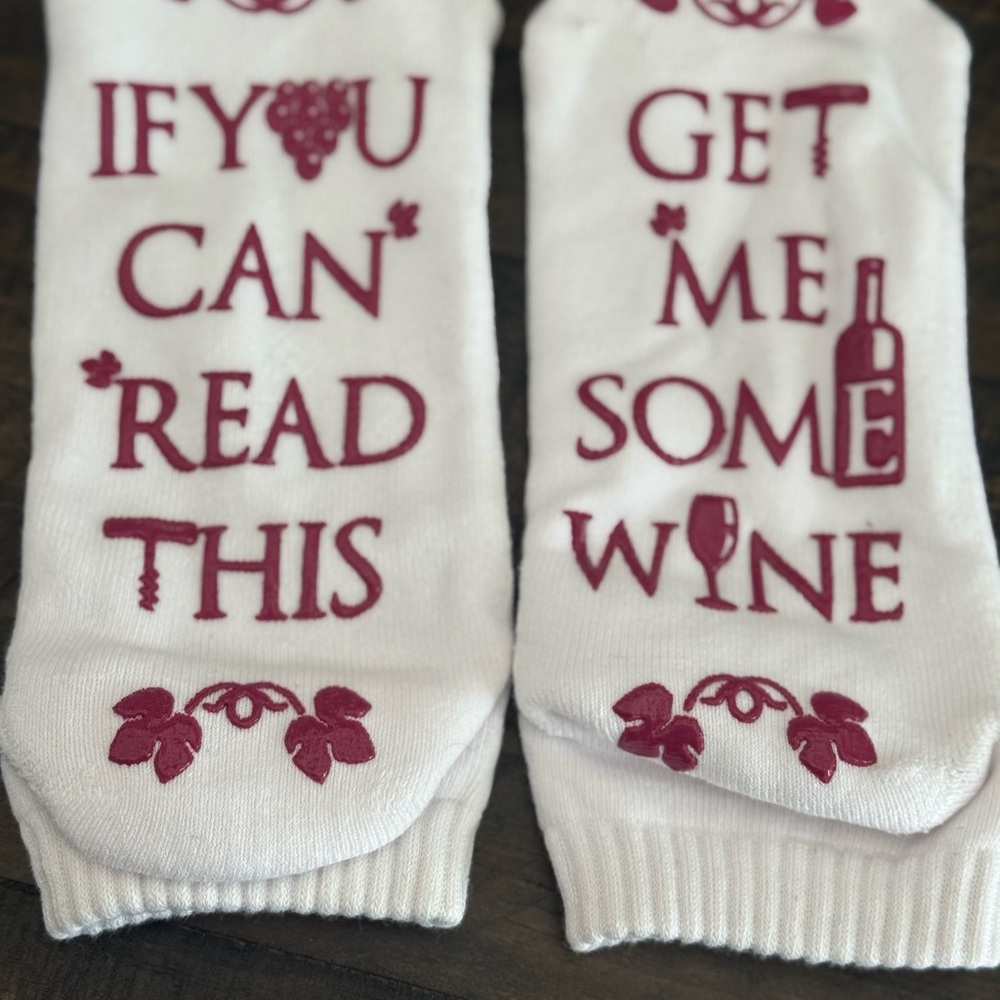White Socks with Wine Red Text